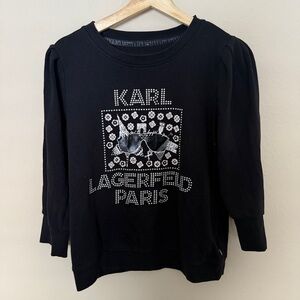 Karl Lagerfeld Sweatshirt Top Pullover Sequin Beaded Logo Black Size Medium